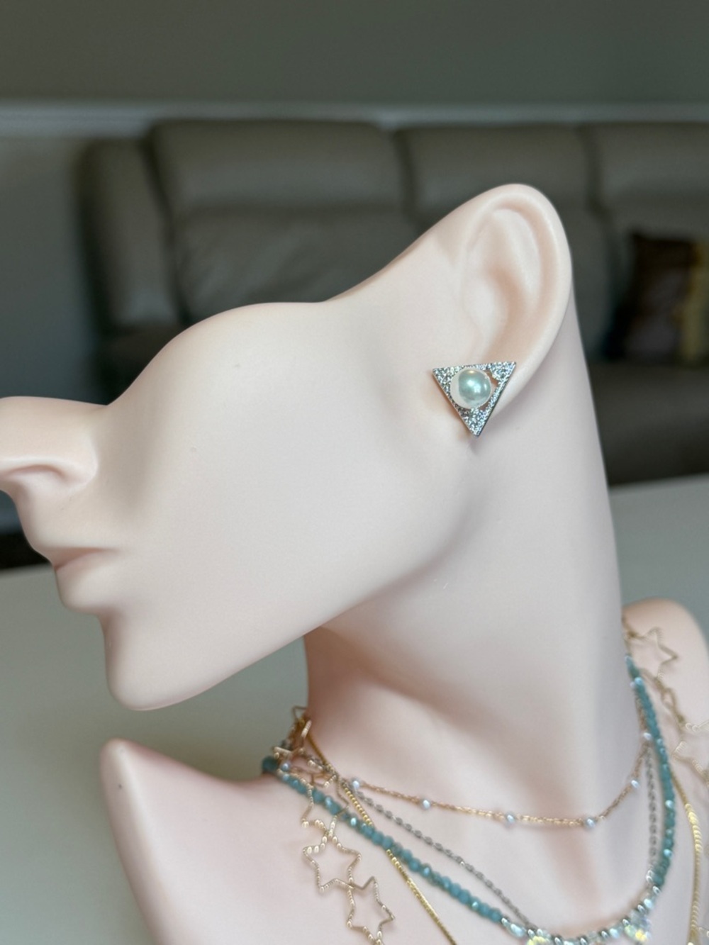 Triangle Pearl & Crystal Stud Earrings in Silver